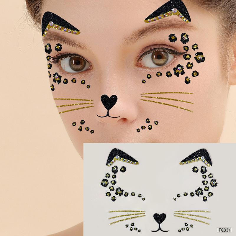 1Pcs 3D Acrylic Drill Sticker Cute Cat Face Stickers Ball Party Face Decoration Diamond Masquerade Temporary Tattoo Stickers