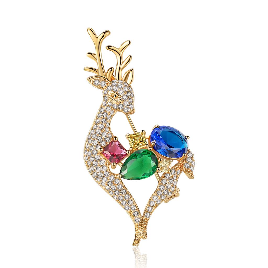Elk Deer Brooch Multi Color Oval Rhinestone Lapel Pin Luxury Rainbow Gem Reindeer Brooches Jewelry Gifts for Women Wedding Party