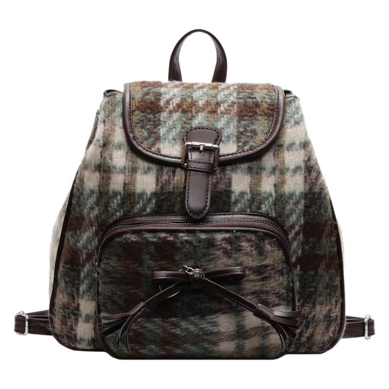 2025 New Contrasting Color Backpack Fashion Gradual Change Plaid College Bag Suede Retro Shoulder Backpack