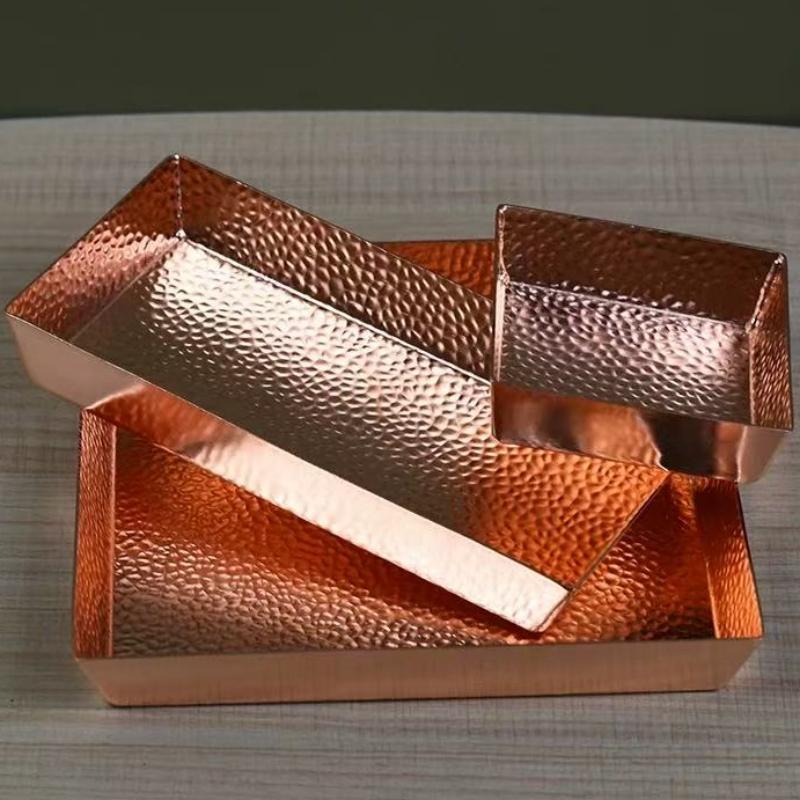 Rectangle Shape Copper Fruit Tray,Retro Engraving Hammer Texture Home Portable Food Plate,Snack Plate Table Wedding Decoration