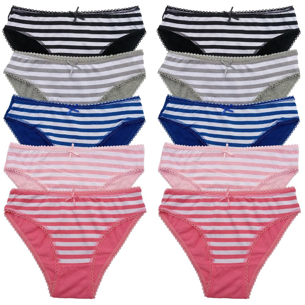 Cotton Panties for Woman Sexy Lace Underwear Briefs Set Lingerie Girls Ladies Bikini Underpants Striped Print Knickers 10Pcs/set
