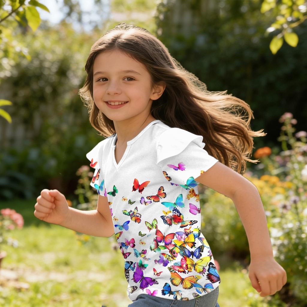 Girls V Neck Ruffle Sleeve Floral Print Short Sleeve T Shirt Casual Blouse Lightweight Summer Top for Kids