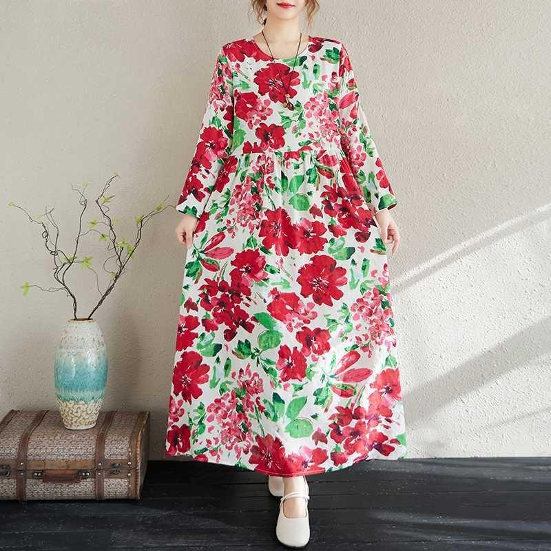 2025 New Floral Vacation Style Travel Round Neck Vintage Dresses