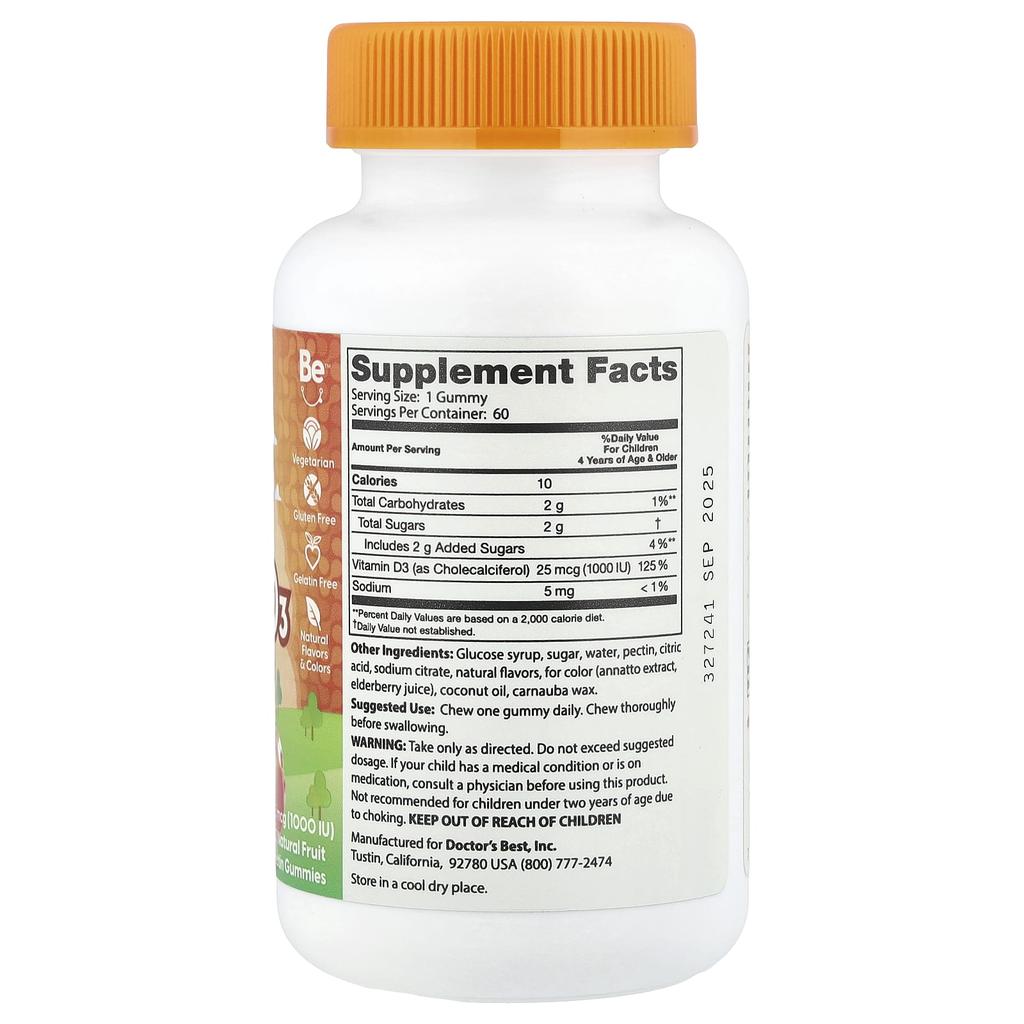 Doctor's Best Doc'S Kids, Vitamin D3 Kinder-Gummibärchen, Natürliche Frucht, 25 µg (1.000 IE), Natürliche Fruchtpektin-Gummibärchen, 60 Stück