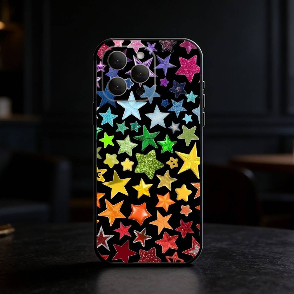 Colorful Star Phone Case For iPhone 17,16,15,14,13,12,11 Plus,Pro Max,SE4Soft Silicone Black Cover
