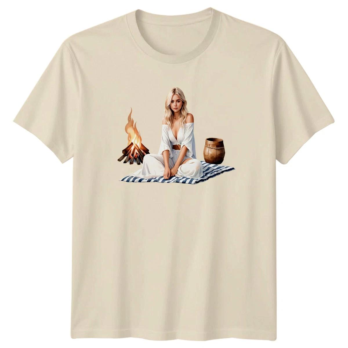 Blonde Woman Campfire Outdoor Camping Lifestyle Unisex Shirt Men Women Top L