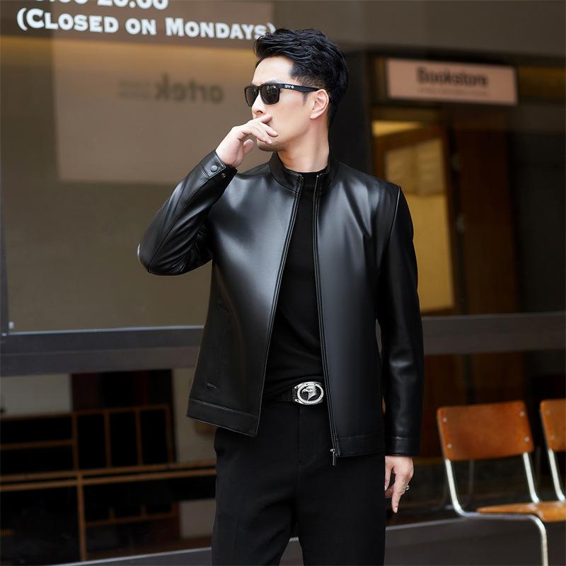 

Осенняя кожаная куртка мужская однотонная с воротником-стойкой из овчины мужская кожаная куртка топ куртка 4XL чёрный