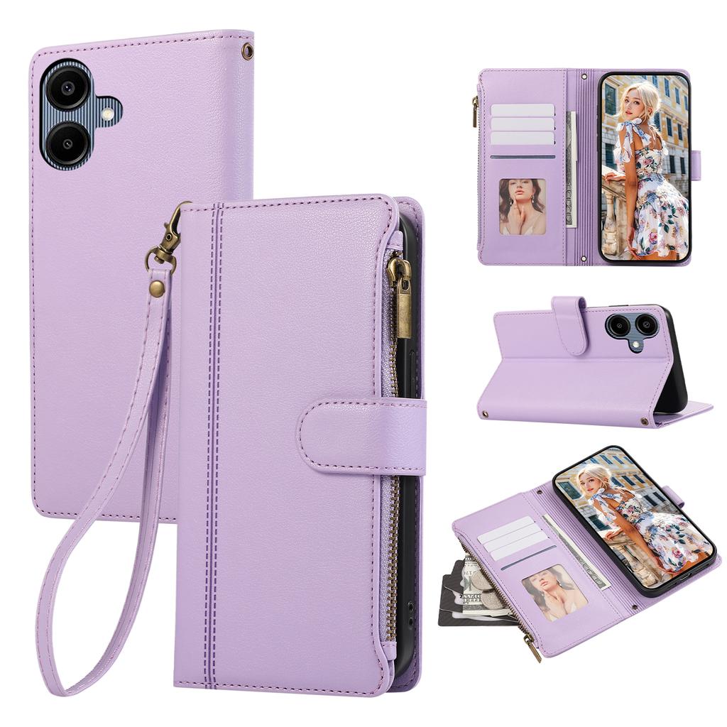 For Samsung Galaxy A06 4G Case Multi Card Slots Zipper Leather Phone Cover with Wrist Strap