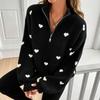 Women's Knit Long Sleeve Zip-Up Sweater with Heart Pattern for Casual Wear