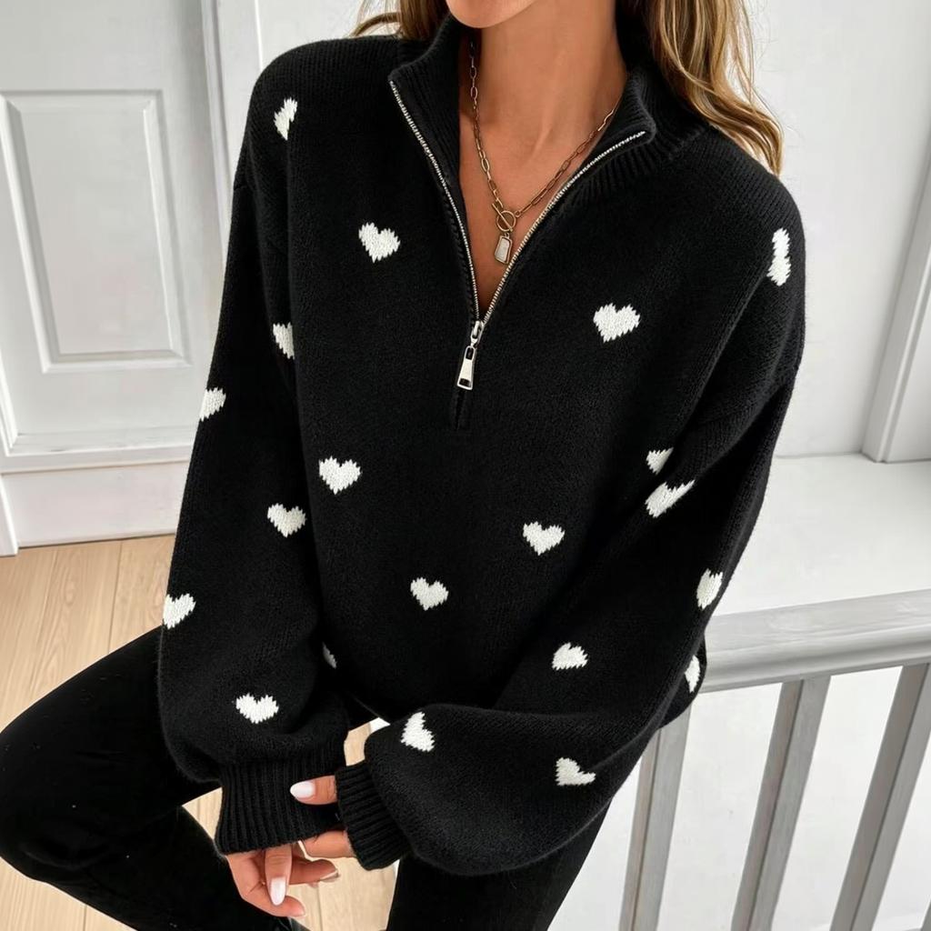Women's Knit Long Sleeve Zip-Up Sweater with Heart Pattern for Casual Wear