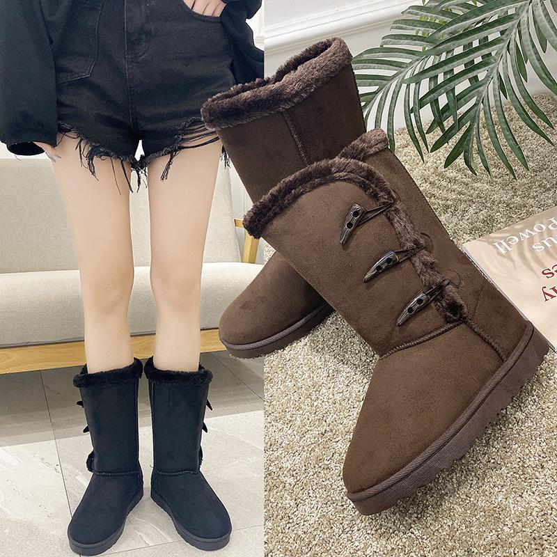 Winter velvet snow boots women's cotton shoes horn buckle medium and high boots flat bottom student warm boots