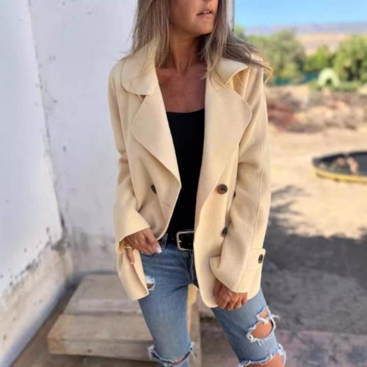 Women Winter Double Breasted Woolen Overcoat Turn Down Collar Loose Fit Thermal Long Sleeve Coat Solid Color Dating Commuting Outerwear