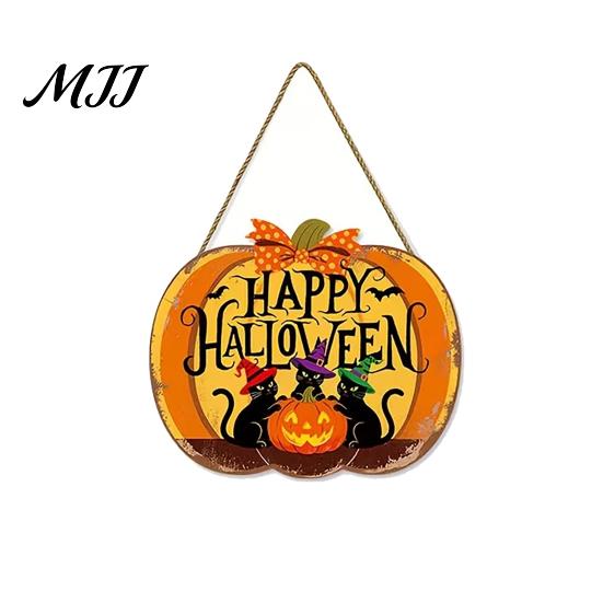 Outdoor Door Hanger Happy Halloween Sign, Spooky Wooden Pumpkin Front Waterproof Sign for Farmhouse Porch Wall Hanging Decor Wreath Alternative