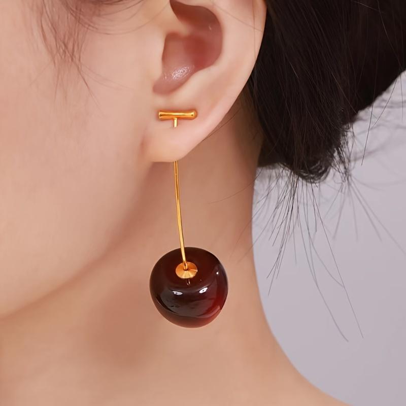Elegant Vintage-Inspired Cherry Drop Earrings Long Stem, Resin Crafted with Golden Hook & Post, Cherry-Themed Design Versatile Jewelry