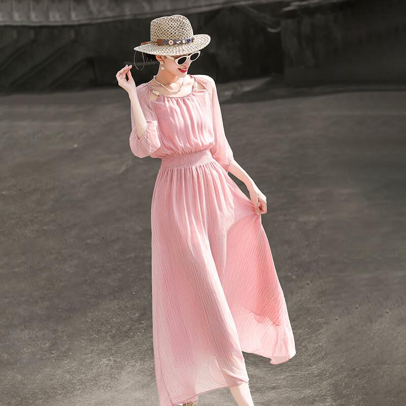 Lanseer Elegant Off-Shoulder Pink Midi Dress
