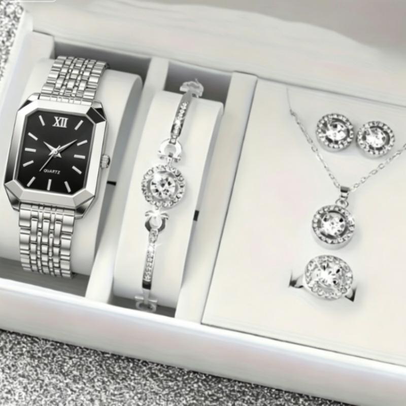 Classic Square Women'S Light Luxury Just With Quartz Watch, Simple Student High-End Temperament Big Diamond Jewelry Quartz Watch Set