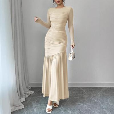 Women Ruched Bodycon Maxi Dress Long Sleeve Crew Neck Ruffle Hem Elegant Dress