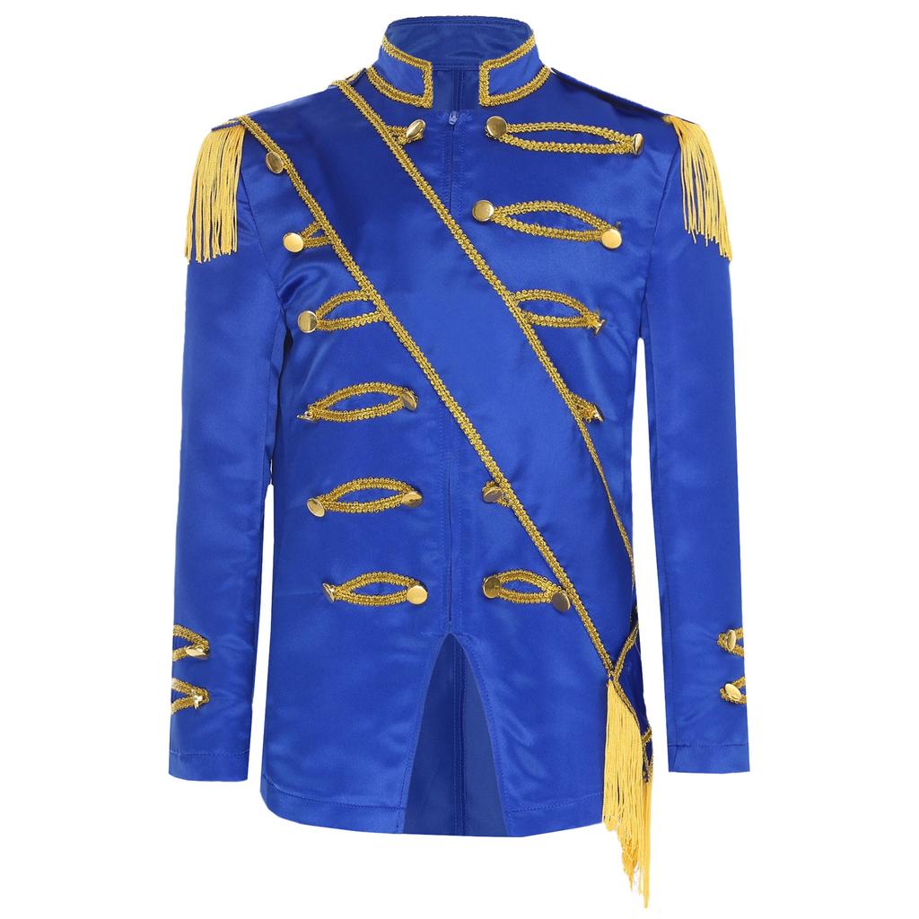 Kids Circus Ringmaster Jacket Long Sleeve Zip Up Tassel Golden Braided Tape Major Uniform Costume Sash