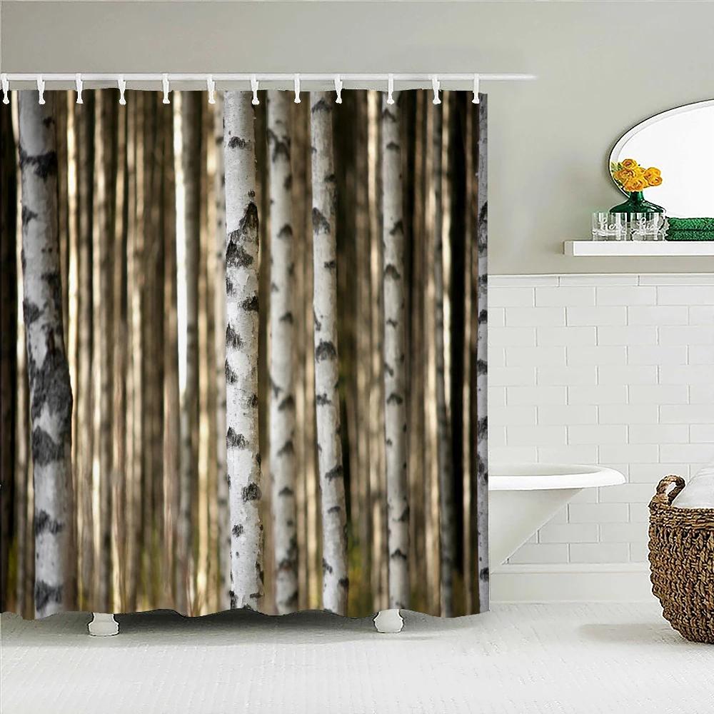 Birch Forest Trees Shower Curtain Natural Landscape Printed Fabric Waterproof Polyester Bath Curtains Bathroom Decor With Hooks