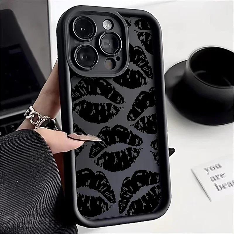 Black Lips Kiss Print Soft Silicone Phone Case For iPhone 15 Pro Max 16 14 13 12 11 Pro Max 7 8 Plus X XS XR Shockproof Cover
