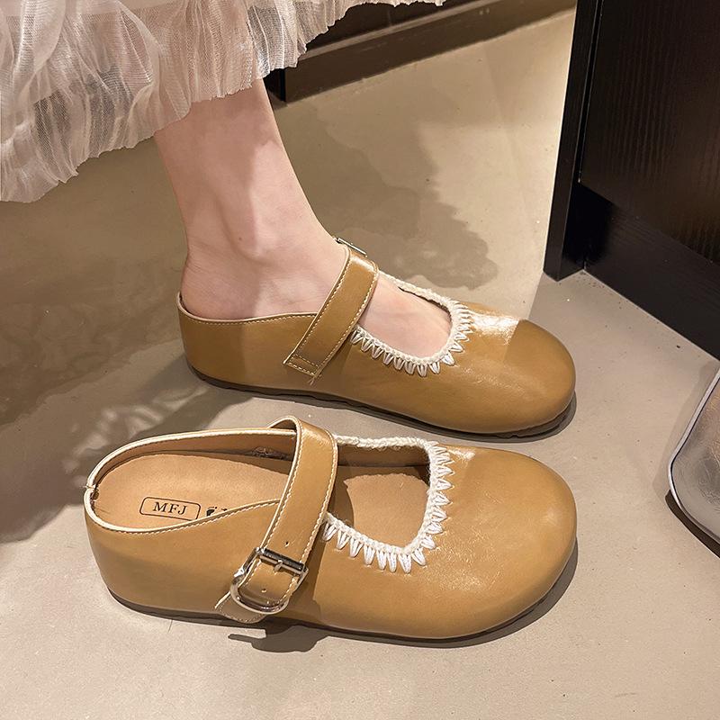 Rhinestone women's woven ballet shoes 2025 new round head Mary Jane rivet soft leather hollow flat-bottomed dance shoes