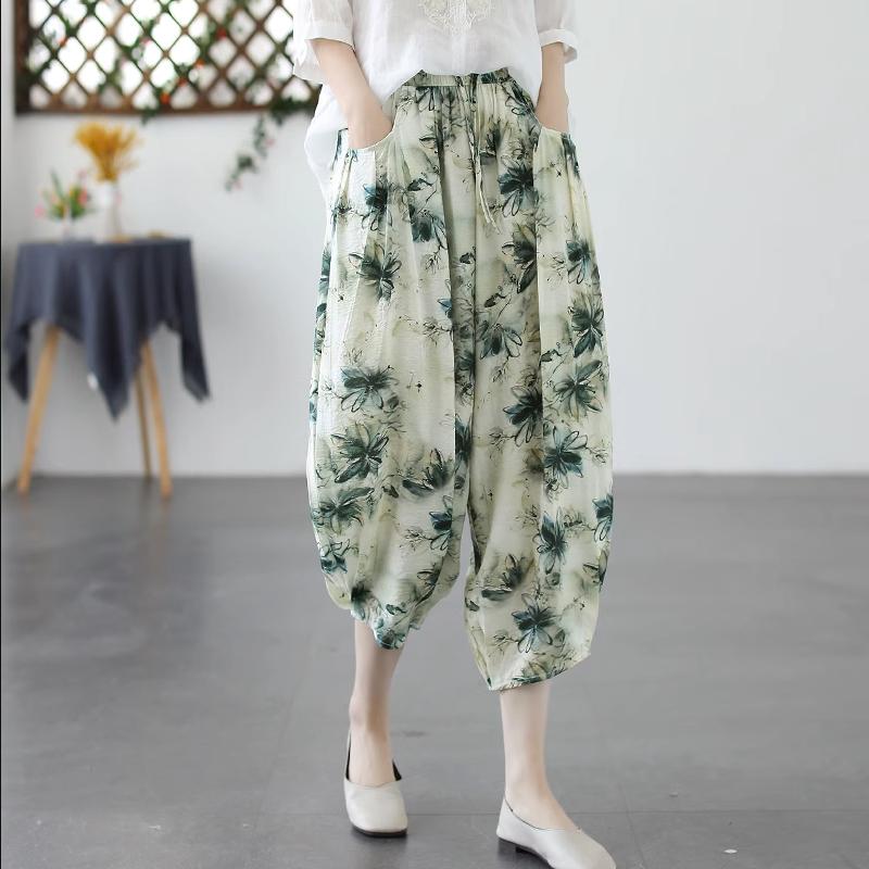 Women's Retro Loose Printed Thin Harem Pants Cotton-Linen Casual Seven-Point Trousers