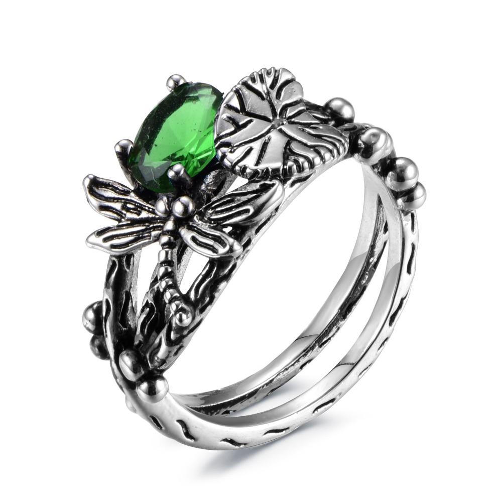 Vintage Dragonfly Lotus Ring for Women with Topaz Silver Plated Bohemian Style Jewelry