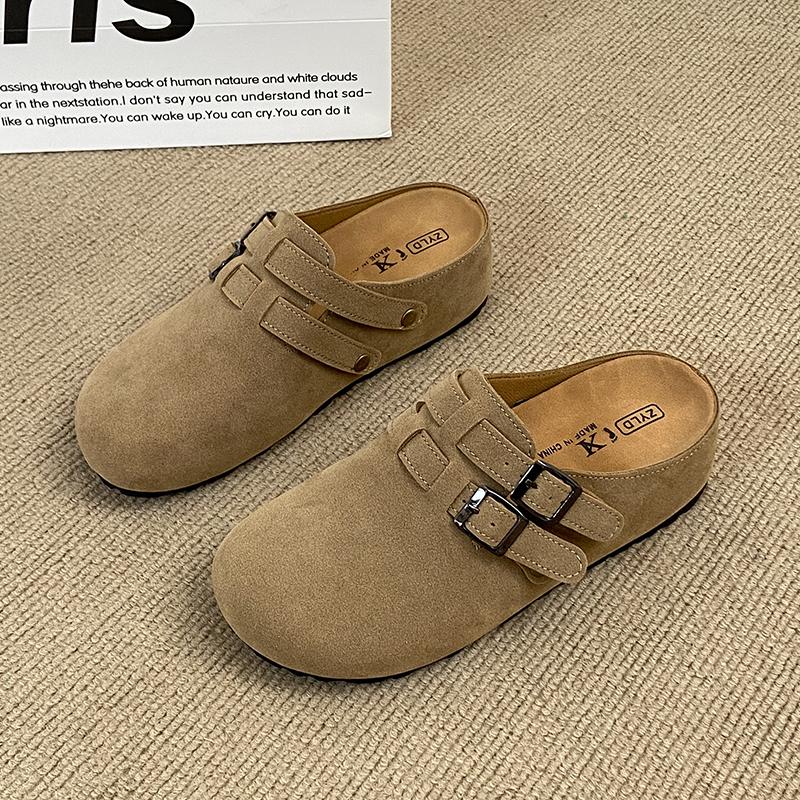 Fashion CRLAYDK Designer Women's Suede Footed Mules Buckle Adjustable Slip On Casual Soft Inner Increase Shoes Backless Walking Slippers