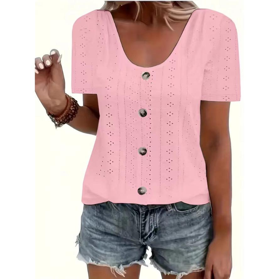 VEZFAA Damenmode Casual Sommer Frühling Einfarbig Druck Kurzarm U-Ausschnitt Blusen & Hemden