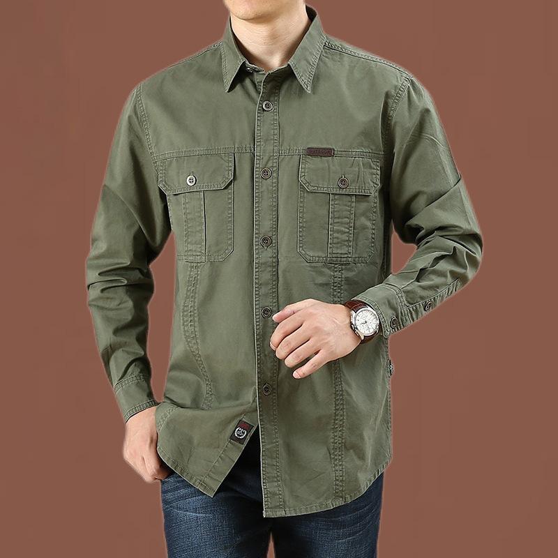 Men's New Long-sleeved Shirt Loose Large-size Top Spring and Autumn Washing Sports Outdoor Pure Cotton Casual Work Shirt