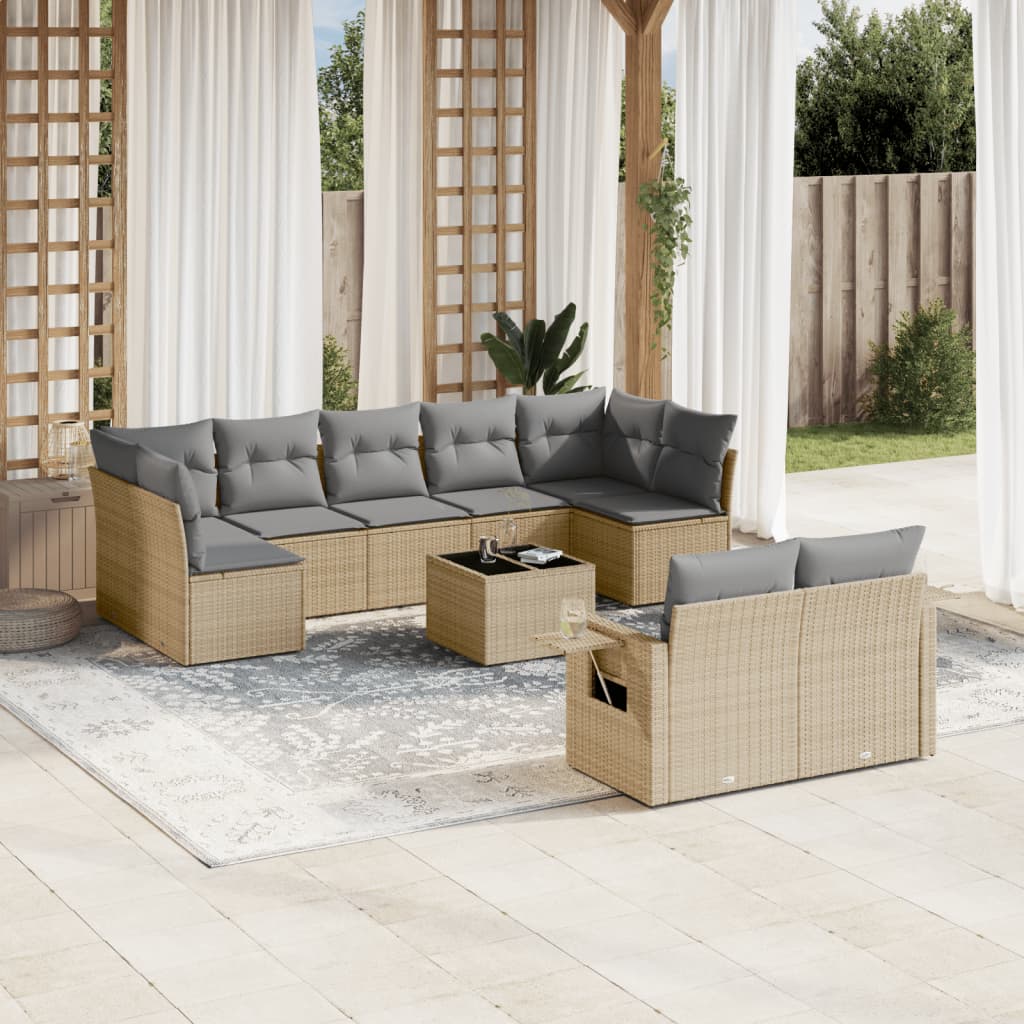 Vidaxl 10-Cz. Garden Furniture Set With Cushions, Beige, Poly Rattan