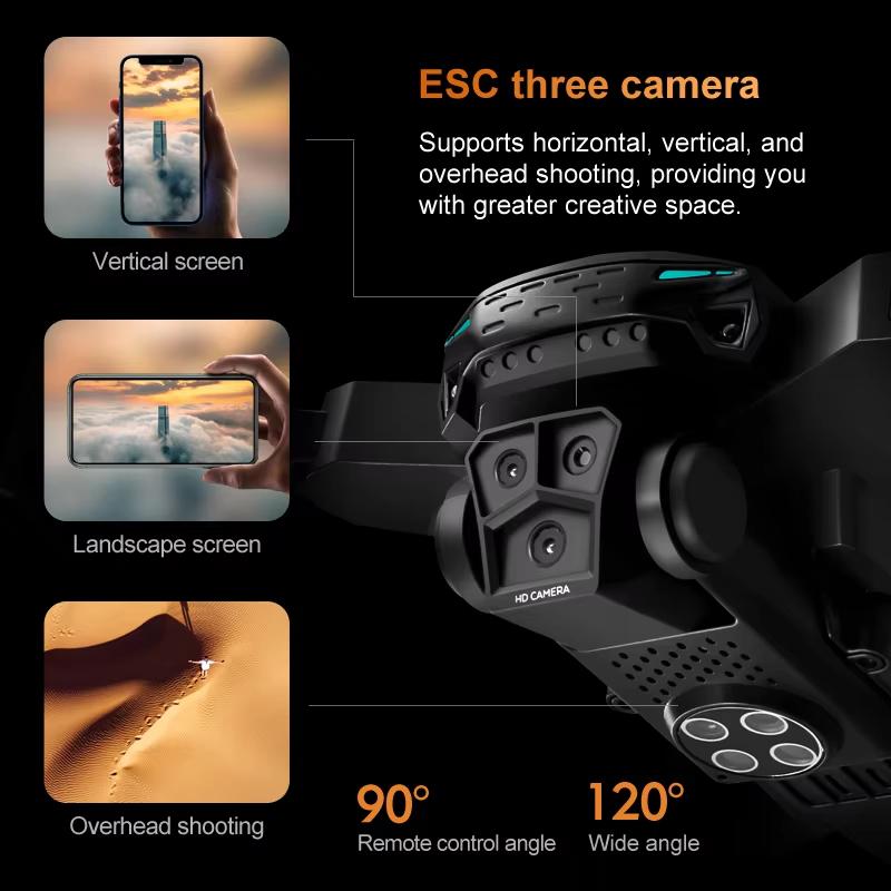 KY605s HD Three Cameras Drones with Screen RC 360°Rolling Obstacle Avoidance 50x Zoom GPS WIFI 15Min ESC EIS Brushless FPV Drone