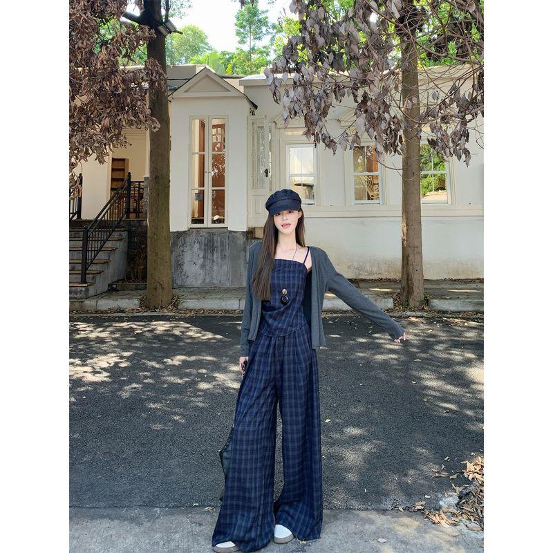 Kumikumi Pure Desire Style Temperament Long Sleeve Cardigan Underwear Spaghetti-Strap Slip Women's Autumn Lattice Loose Pants Three-Piece Set