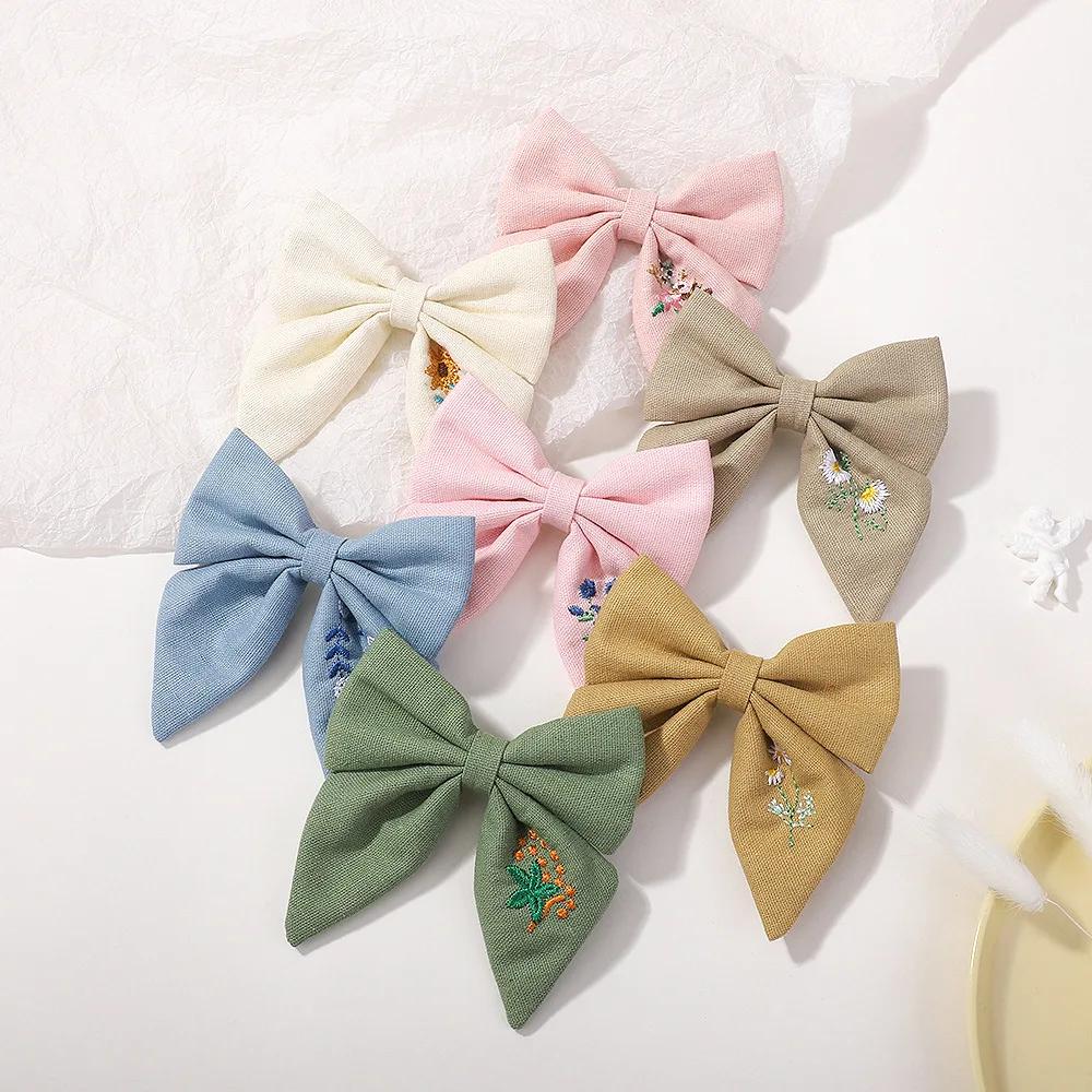 Flower Embroidery Bow Hair Clip Sweet Princess Girls Hair Clips Handmade Ribbon Bangs Hairpin Cute Bowknot Barrettes Headwear
