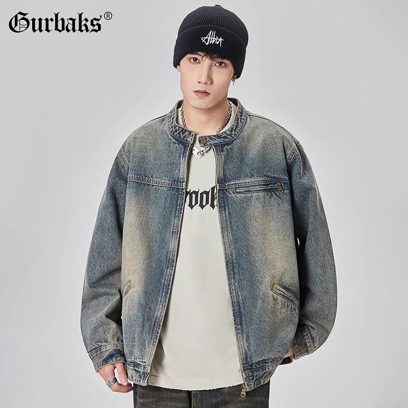 

GURBAKS Retro Distressed Denim Jacket - Men s Loose Casual Trend 4XL
