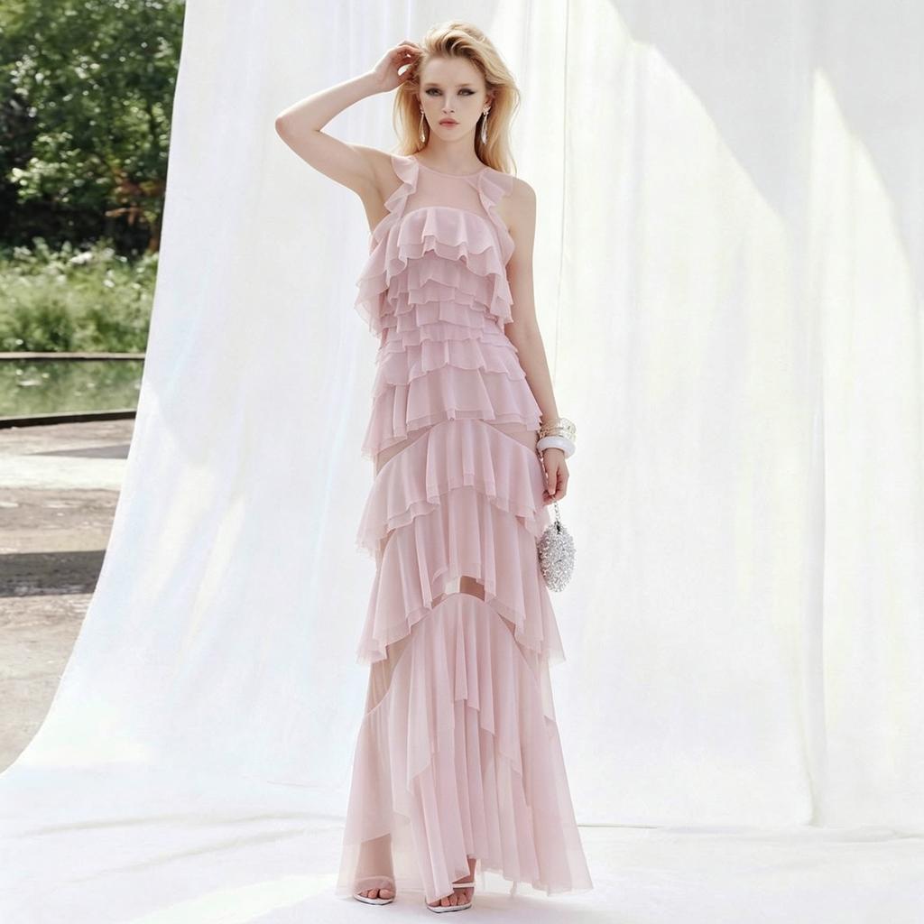 2026 European and American ins new women's clothing hot-selling temperament elegant sleeveless ruffle edge dress