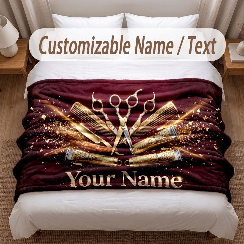 Barber Salon Theme Soft Blanket Personalized Custom Name Text Print Warm Blanket Home Sofa Bedroom Decor
