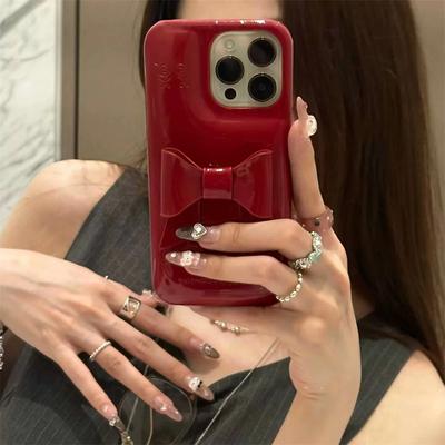 INS Korean Vintage Red 3D Bowknot Leather Phone Case For iPhone 17 16 15 14 13 12 Pro Max Creative Glossy Soap Soft Cover
