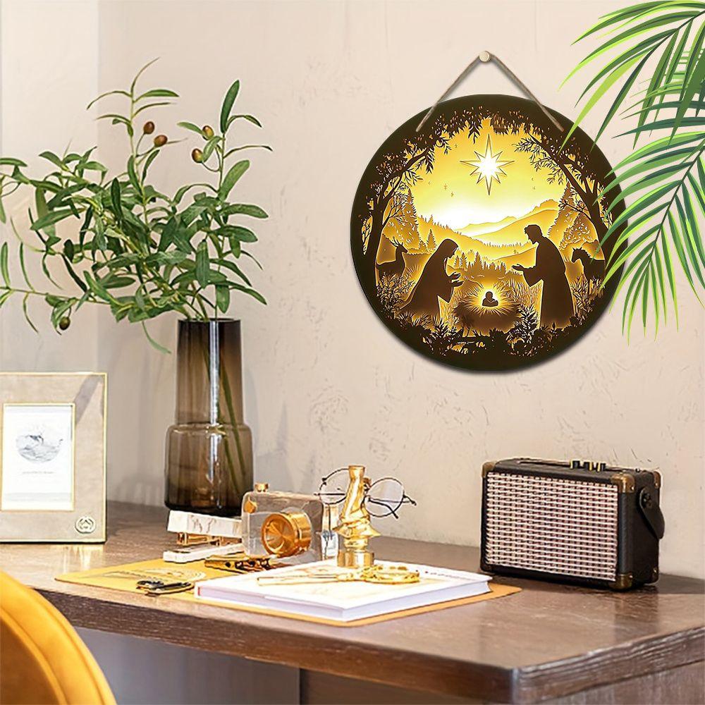 Hellig natt Krybbespill anheng, dekorasjon av hjemmevegger eller dører, 2d flatt tre, juledekorasjon, gaver til venner og familie