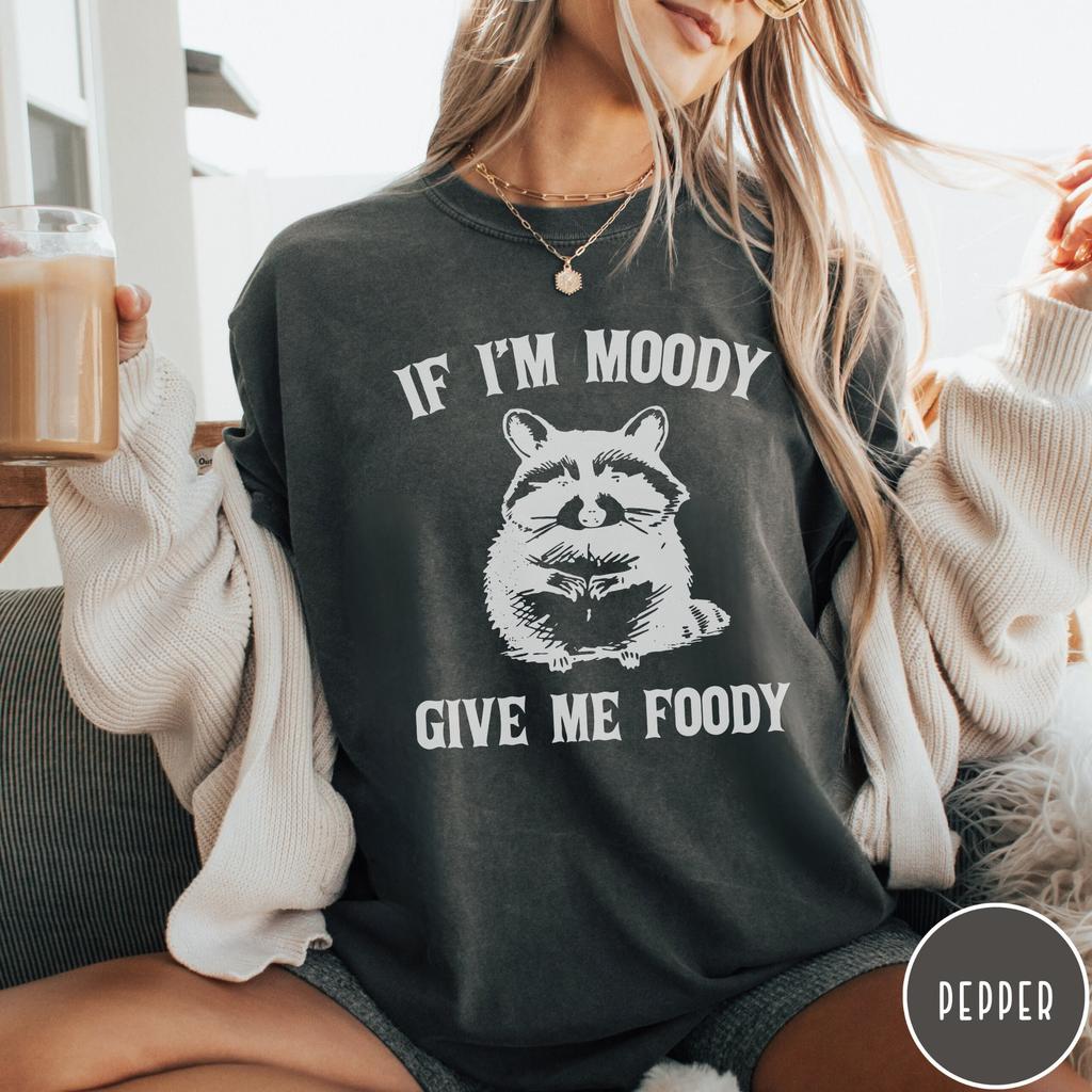 If I'm Moody Give Me Foody T-Shirt, Vintage Raccoon Tshirt, Funny Retro Shirt, Graphic Tee, Funny Women's Aesthetic Tshirt