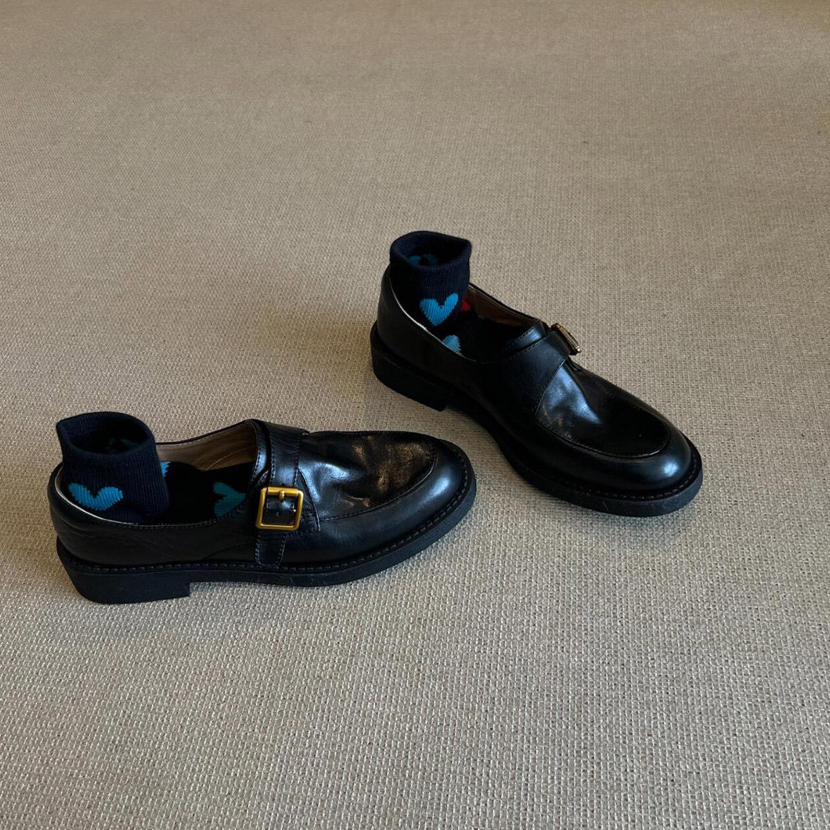 

Washed cowhide~ retro leather British style jk small leather shoes women s belt buckle one pedal loafers round head single shoes 40