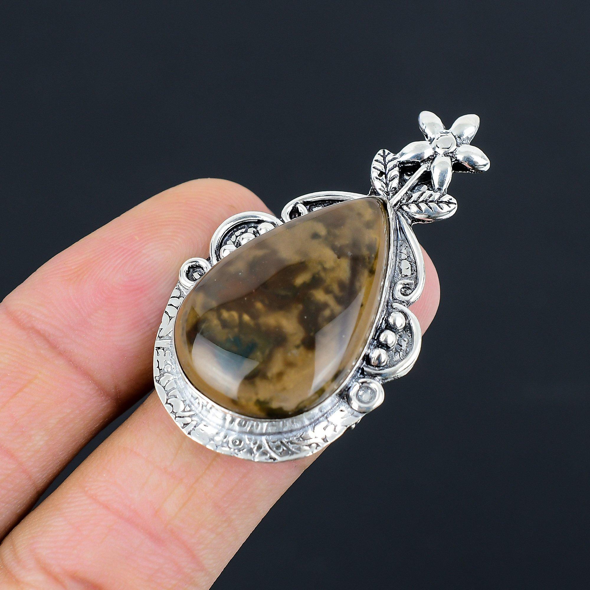 Natural Petrified Wood Jasper Gemstone Solitaire Flower Ring Size 7.5 925 Silver 7.5