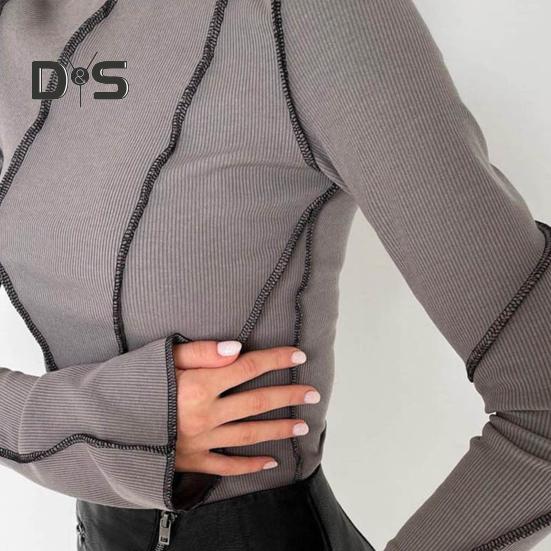 Women T-shirt Round Neck Long Flared Sleeve T-shirt Slim Fit Ribbed Three-Dimensional Line Decoration Pullover Tops Daily Wear