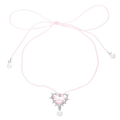 Exaggeration Vintage Elegant Trendy Metal Heart Necklace Ribbon Pearl Pendant Clavicle Chain For Women Jewelry
