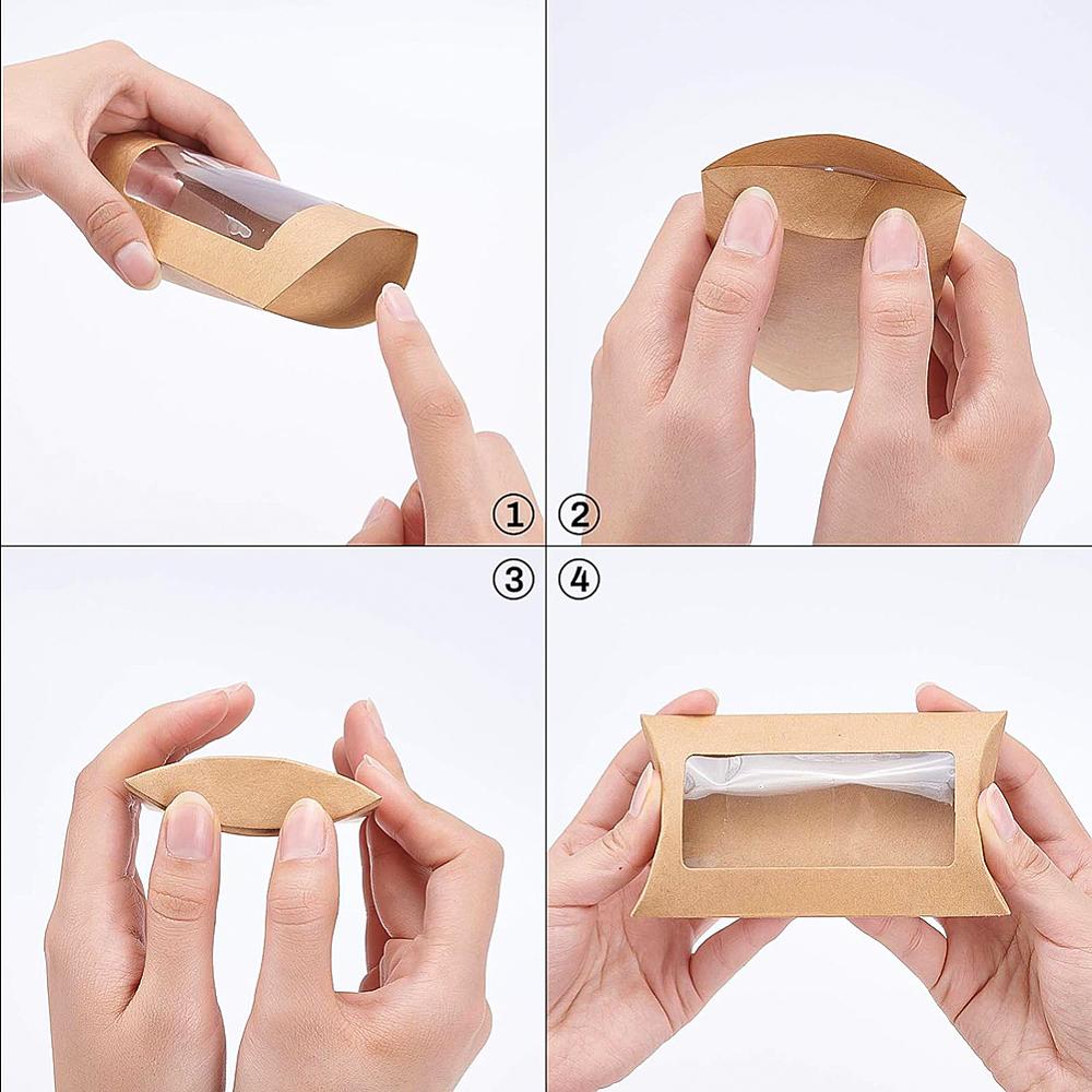 30pcs Kraft Paper Pillow Candy Box with Clear Window for Wedding Favors Baby Shower Birthday Party Supplies Sandy Brown Fold: 7.1x12.2x2cm