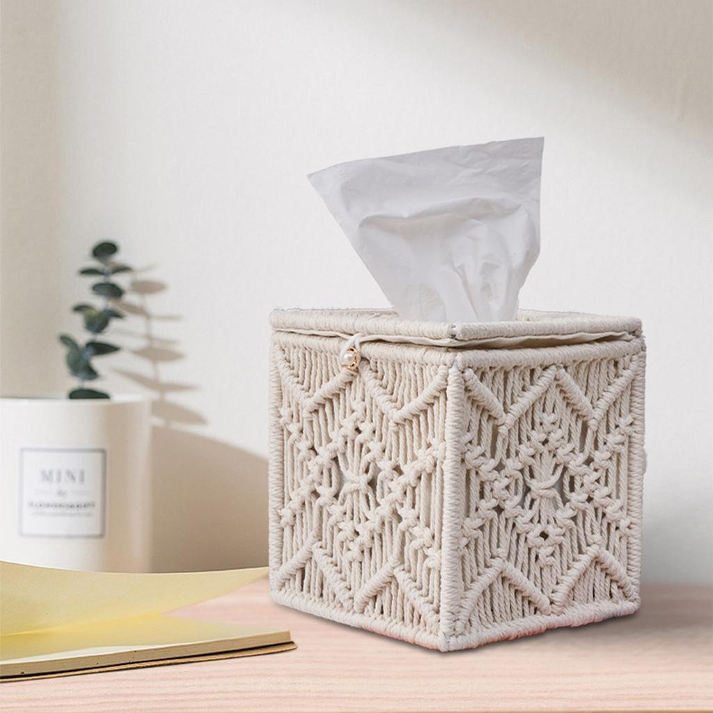 Decorative Square Woven Tissue Box Cover, Macrame Tissue Holder, Fits Most Square Size Tissues, Elegant Design