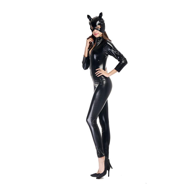 Bodysuit Sexy Cosplay Costume Halloween Black Pvc Leather Suit Zipper Catsuit