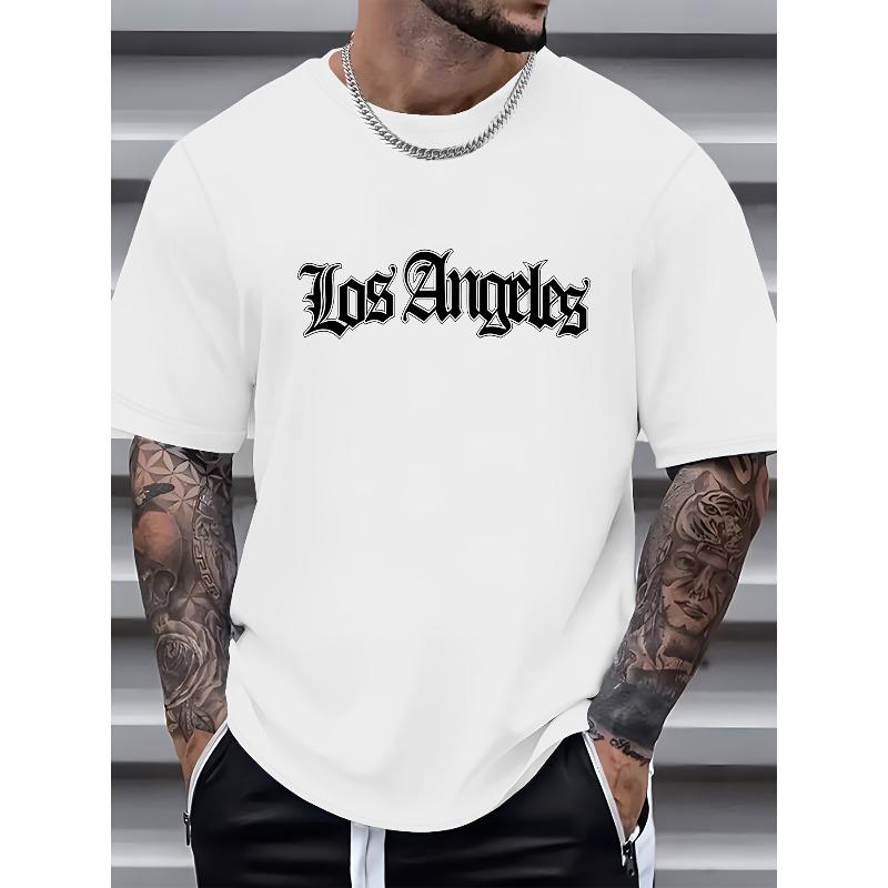 European Sizes Stylish LOS ANGELES Letter Graphic Print Men's Creative Top, Casual Short Sleeve Crew Neck T-shirt, Men's Clothing For Summer Outdoor