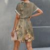 Womens Summer Short Dresses O Neck Casual Batwing-Short Sleeve Belted Dress For Women
