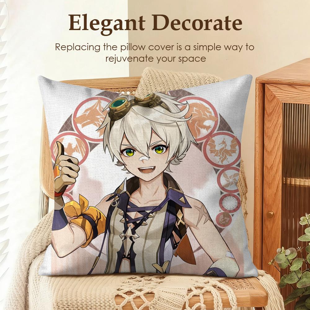 Bennett Genshin Impact Cute Cushion Cover Natural Linen Organic Fabric Double-Sided Printing Sofa Home Decor Gift Pillow Case